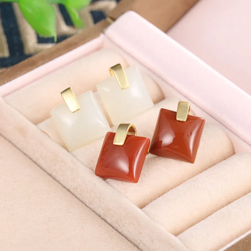 Square Ethnic Style Inlaid Jade Earrings Ear Studs