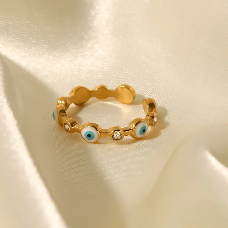 Joyería Al Por Mayor Moda Ojo Del Diablo Acero Inoxidable 304 Piedras Preciosas Artificiales Enchapado Embutido Anillo Abierto