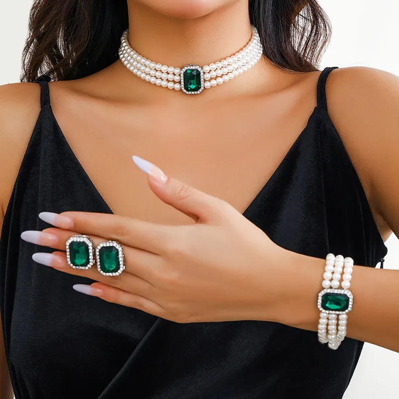 Elegante Perla De Imitación Aleación Turquesa Geométrico Diamantes De Imitación Mujeres Conjunto De Joyas