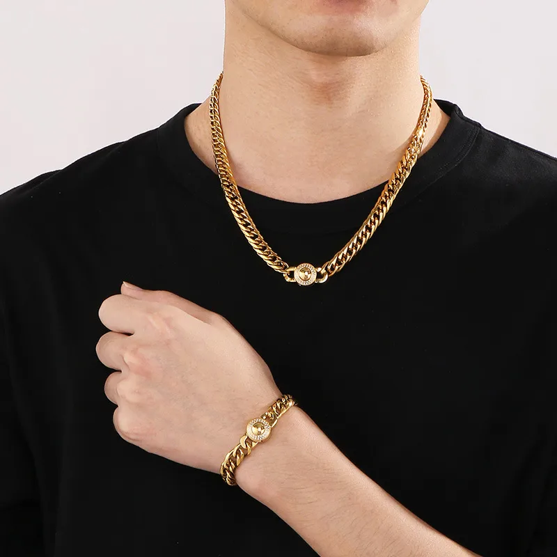 Estilo Simple Acero Titanio Geométrico Color Sólido Pulido Enchapado Chapados en oro de 18k Hombres Conjunto De Joyas