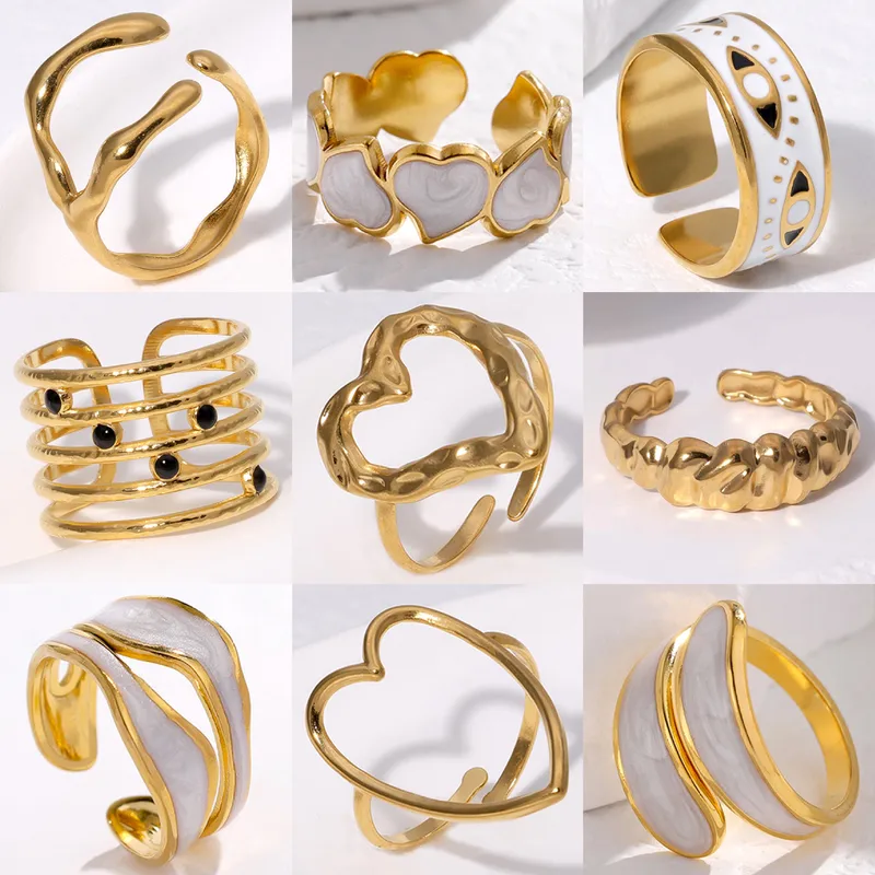 Joyería Al Por Mayor Geométrico Hoja Forma De Corazón Elegante Retro Acero Inoxidable 304 Chapados en oro de 18k Anillos Abiertos Enchapado