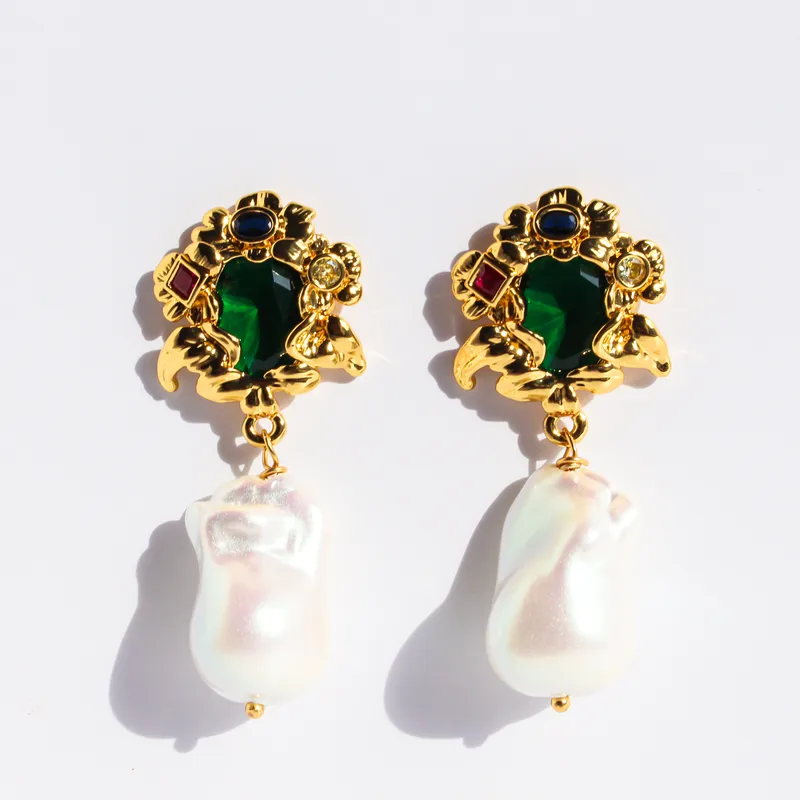 1 Pair Irregular Flower Retro Baroque Style Natural Stone Pearl 24K Gold Plated Pearl Zircon Inlay Drop Earrings