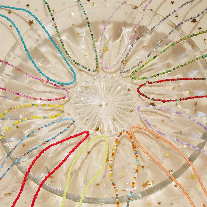 New Style Sweet Dopamine Small Rice-Shaped Beads Beaded Necklace Girly Style Rainbow Color Glass Beads Necklace Wholesale Women