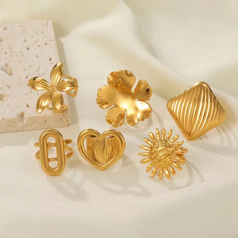 Estilo Simple Acero Inoxidable 304 Geométrico Forma De Corazón Flor Mujeres Anillos Abiertos