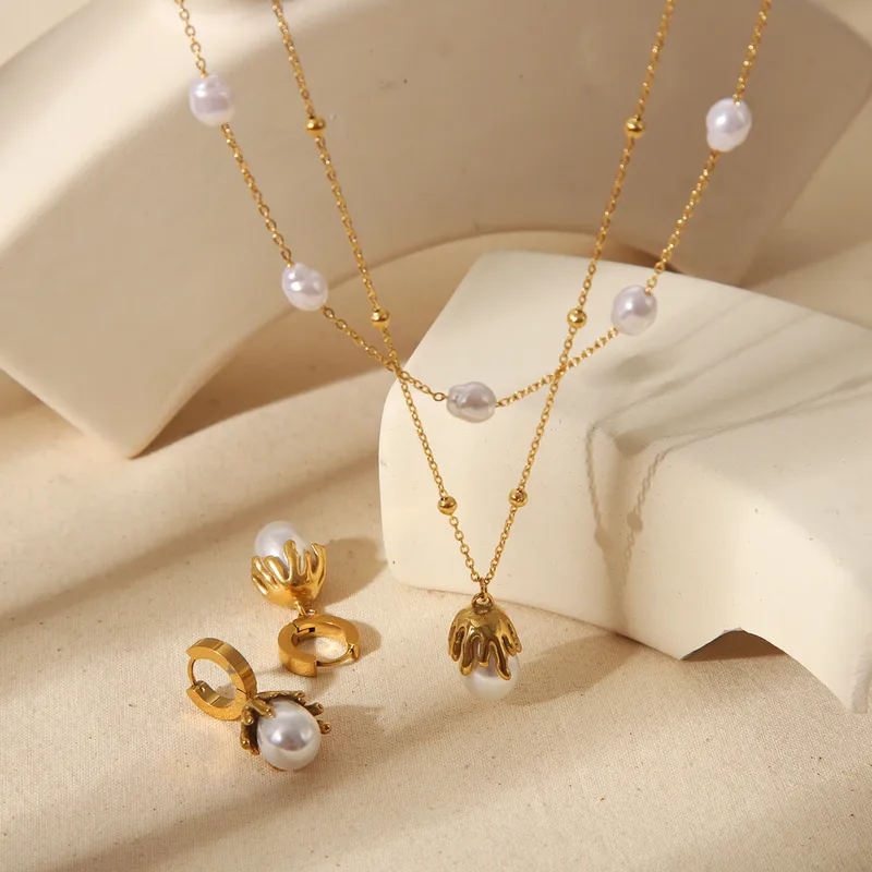 Flower 304 Stainless Steel 18K Gold Plated Inlay 18K Gold Plated Jewelry Set