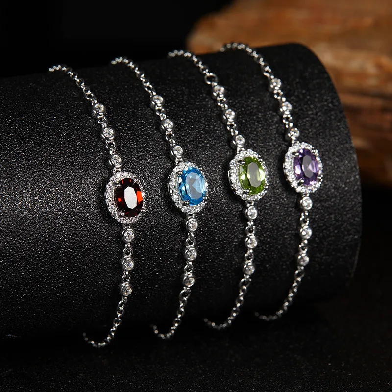 Geometric Elegant Shiny 925 Sterling Silver Natural Stone Crystal Bracelets Wholesale