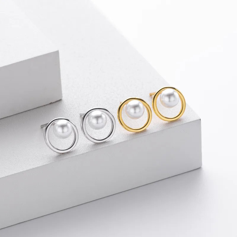 1 Pair 925 Sterling Silver Pearl 18K Gold Plated Platinum Plated Rhodium Plated Round Ear Studs