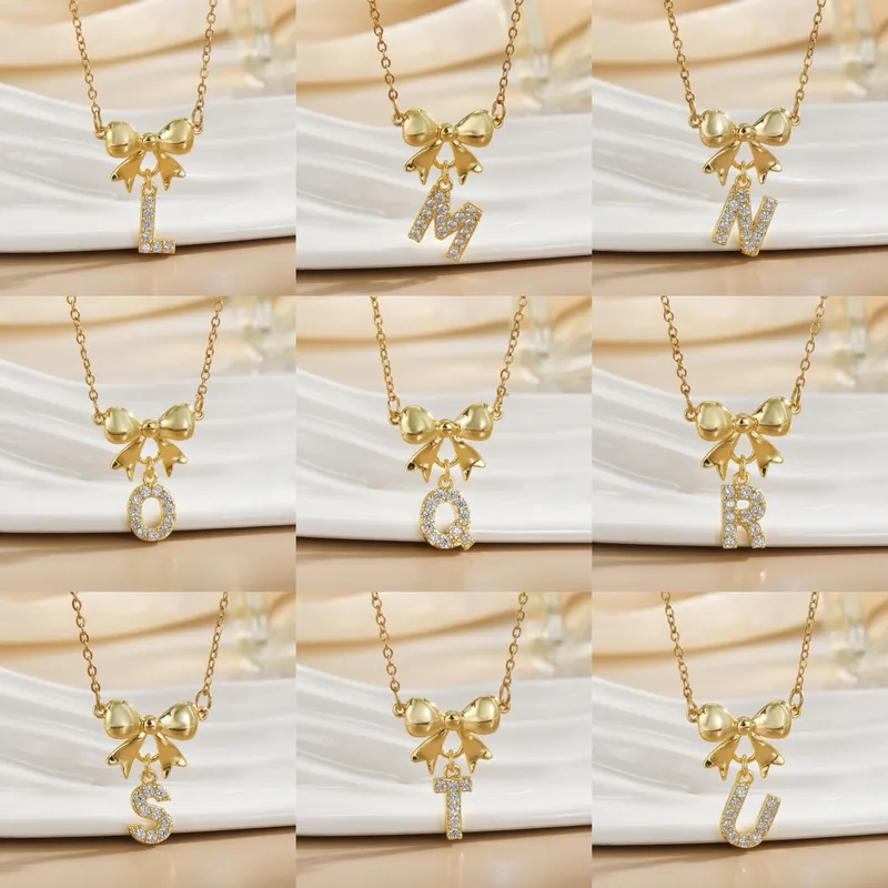 Simple 26 Letters Inlaid Zircon Bow Necklace Women's Simple High Sense Ornament Titanium Steel No Fading