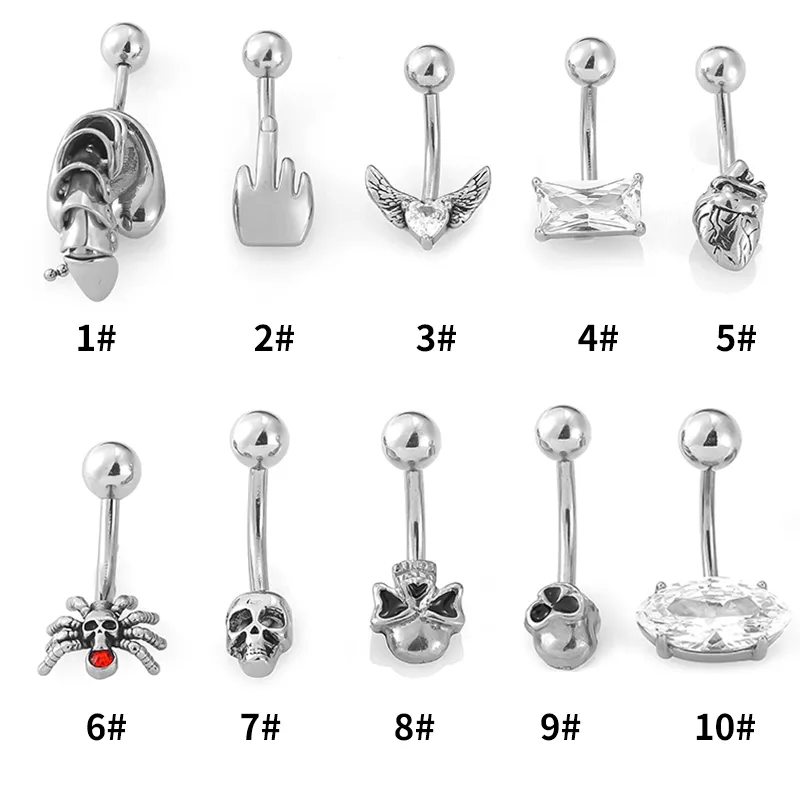 316L Stainless Steel  Hip-Hop Punk Commute Heart Shape Spider Skull Zircon Polishing Belly Ring