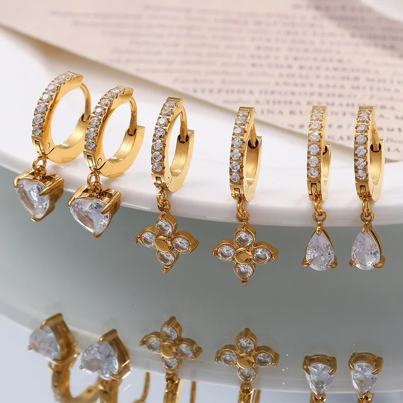 1 Paire Trèfle À Quatre Feuilles Les Gouttelettes D'Eau Forme De Cœur Glamour Luxueux Femme Acier Inoxydable 304 Des Boucles D'Oreilles