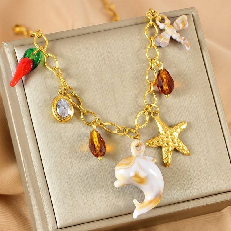 Étoile De Mer Conque Dauphin Décontractée Vacances Acier Inoxydable 304 Collier Multi-breloques Fermeture À Boucle De Type Homard