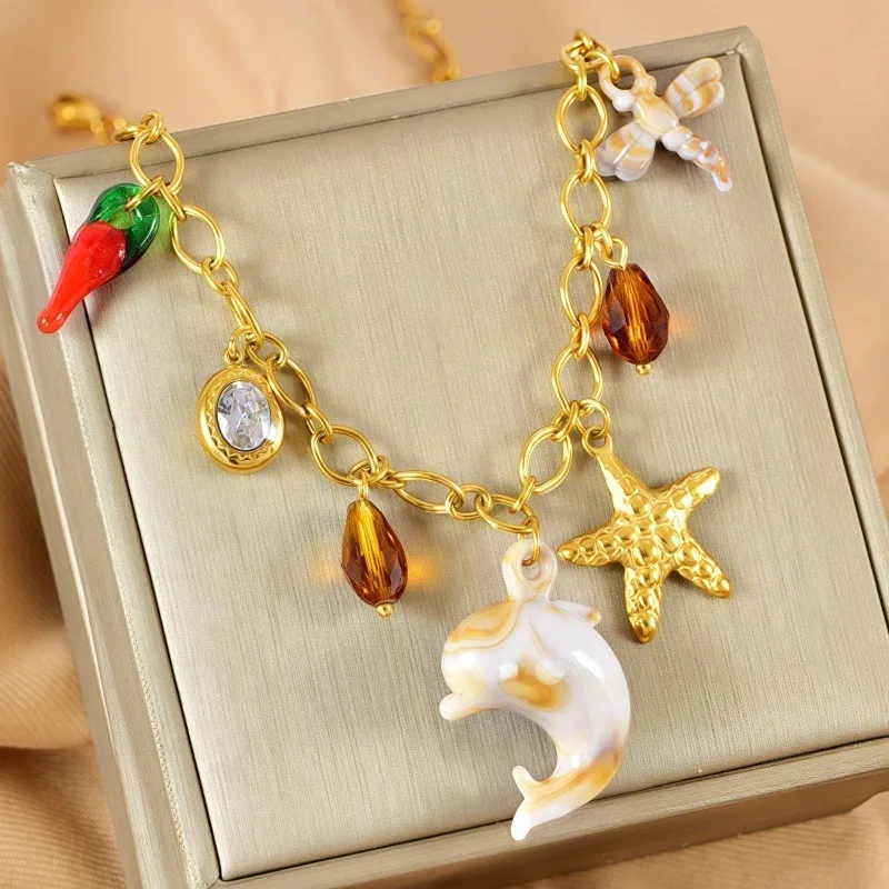Starfish Conch Dolphin Casual Vacation 304 Stainless Steel Multi Charms Necklace Lobster Trigger Clasp Closure