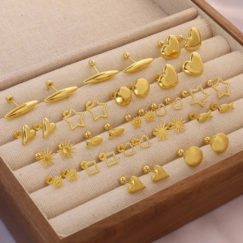 1 Par Pentagrama Ronda Forma De Corazón Estilo Simple Acero Inoxidable 304 Chapados En Oro De 18K Pendientes