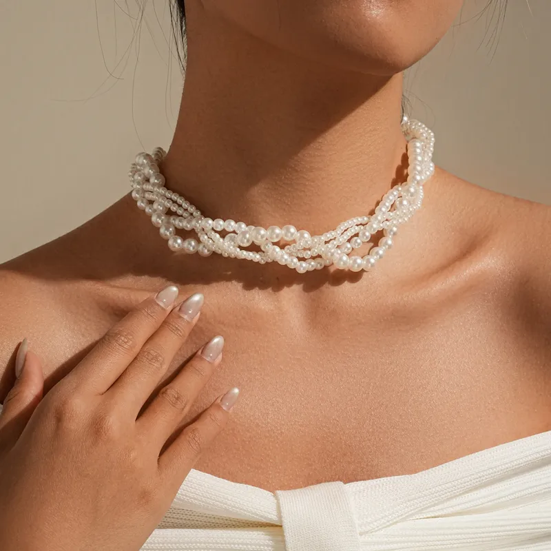 Rond Luxueux Femme Brillant Perlé Collier De Gros