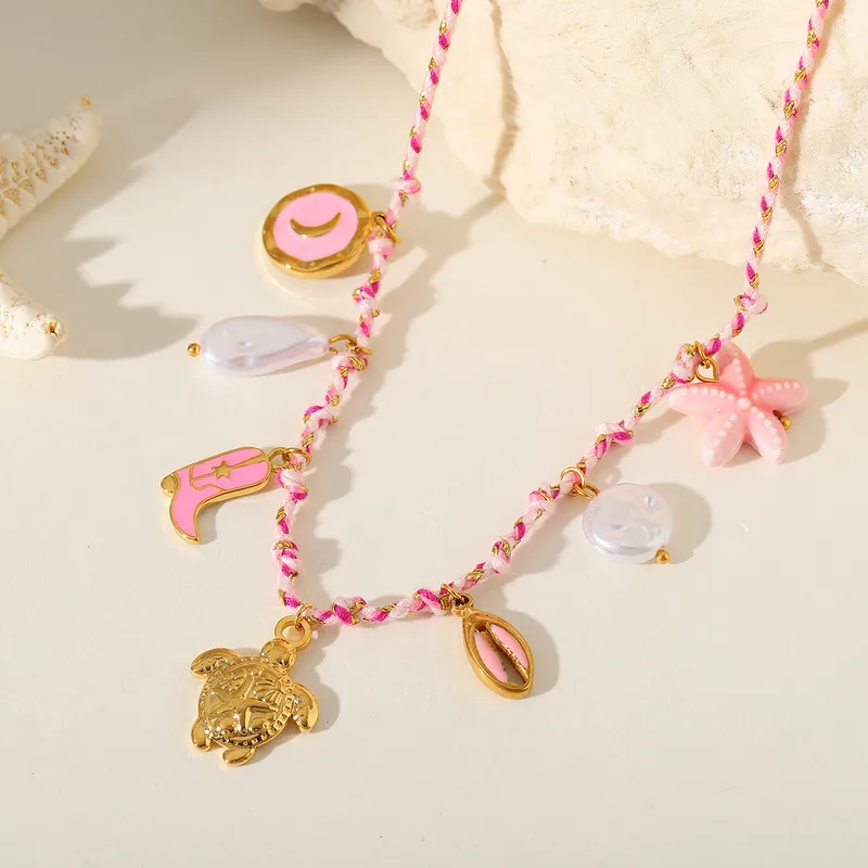 Tortue Géométrique Étoile De Mer Décontractée Plage Commuer Perle D'Imitation Acier Inoxydable 304 Plaqué Or 18K Collier Multi-breloques Époxy Placage Incruster
