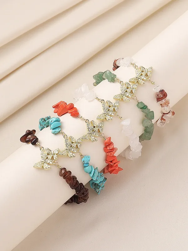 Natural Stone Zinc Alloy Vintage Style Preppy Style Vacation Butterfly Anklet