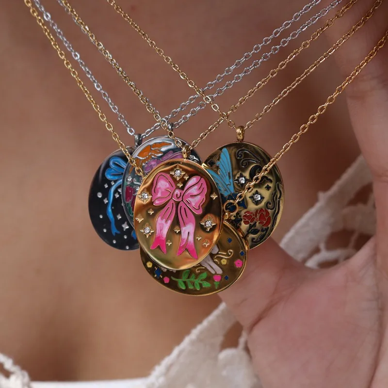 Conejo Animal Nudo De Lazo Estilo Vintage Circón Acero Inoxidable 304 Chapados En Oro De 18K Collar Colgante Esmalte Enchapado Cierre Con Gatillo De Langosta