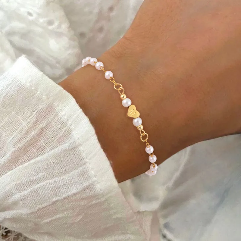 Lettre Forme De Cœur Élégant Style Simple Style Classique Acier Inoxydable 304 Perle Artificielle Bracelets De Gros