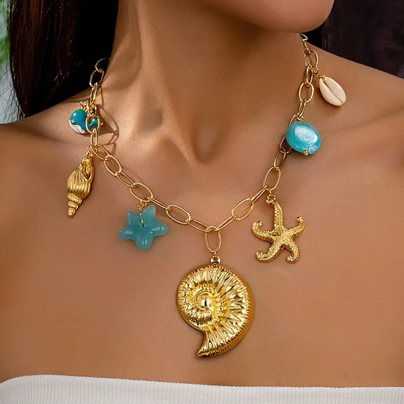 Starfish Conch Dolphin Elegant Retro Lady Zinc Alloy Multi Charms Necklace Wholesale