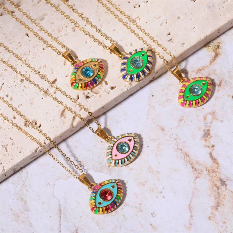 Devil's Eye Vintage Style 304 Stainless Steel Pendant Necklace Enamel Plating Lobster Trigger Clasp Closure