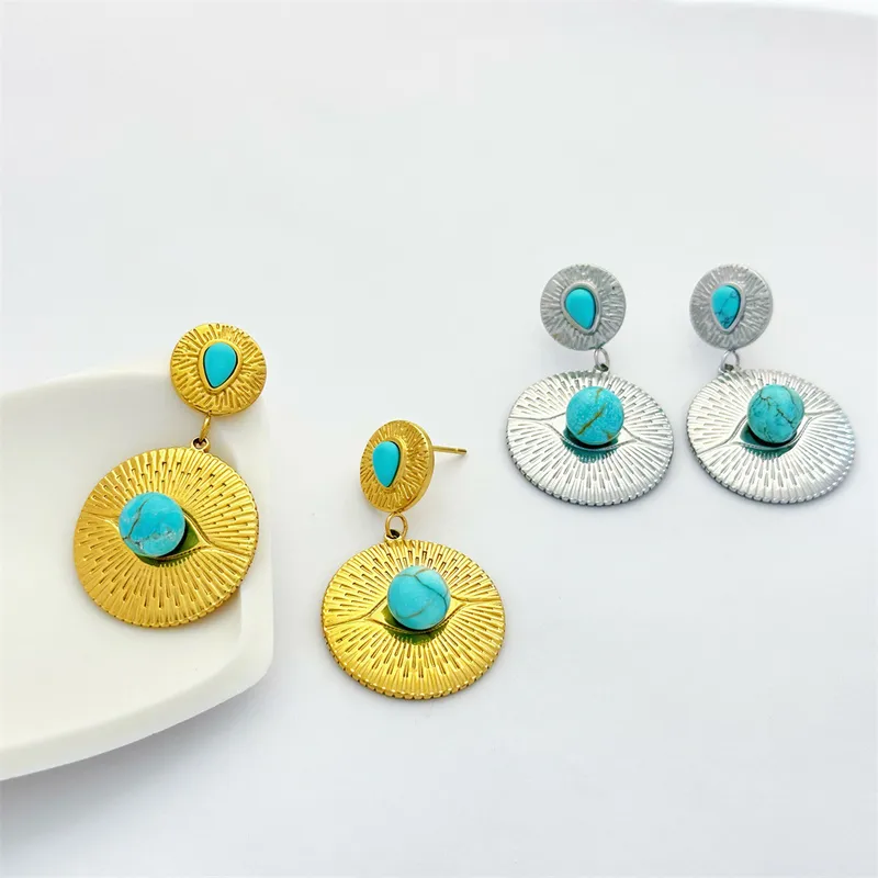 1 Paire Géométrique Rétro Style Classique Acier Inoxydable 304 Pierre De Naissance De Décembre Turquoise Boucles D'oreilles