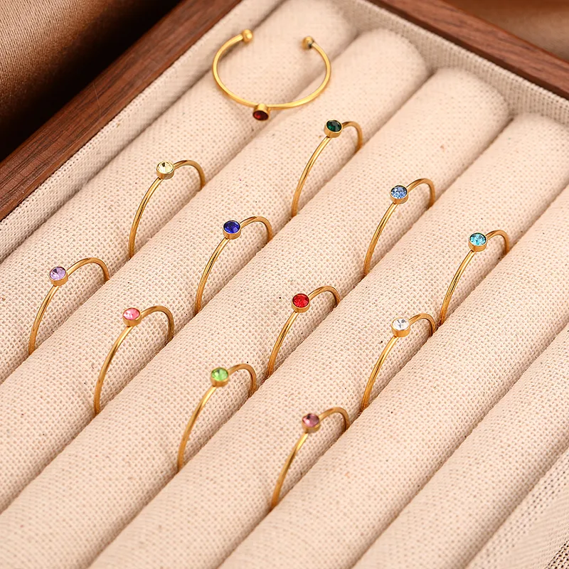 Colorful Casual Rhinestones 304 Stainless Steel 18K Gold Plated Open Rings Inlay