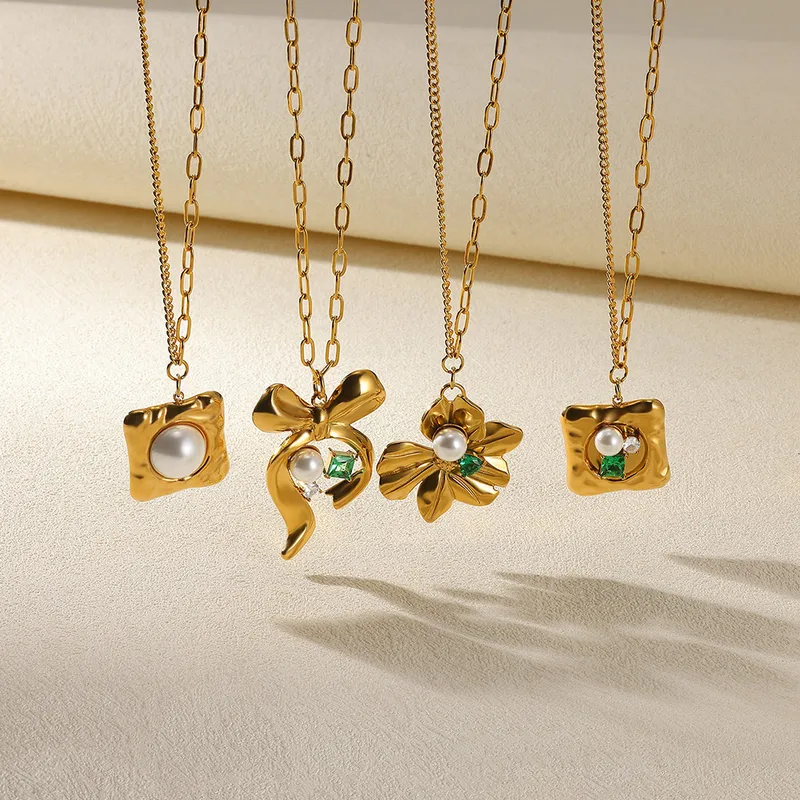 Square Star Flower IG Style Acrylic Pearl Zircon 304 Stainless Steel Pendant Necklace Inlay Lobster Trigger Clasp Closure