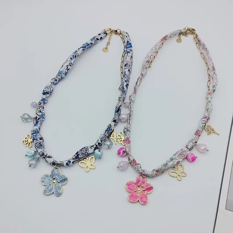 Flower Butterfly Elegant Beach 304 Stainless Steel Artificial Crystal Cloth Layered Necklaces Multi Charms Necklace Wholesale