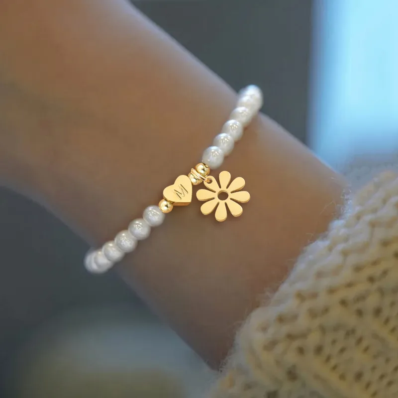 Lettre Forme De Cœur Fleur Élégant Style Simple Style Classique Acier Inoxydable 304 Perle Artificielle Bracelets De Gros