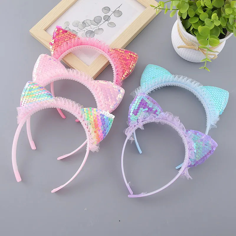 New And New Children's Headwear Cartoon Sweet Princess Lace Headband Turnable Sequin Mesh Cat Ear Accessories Headband