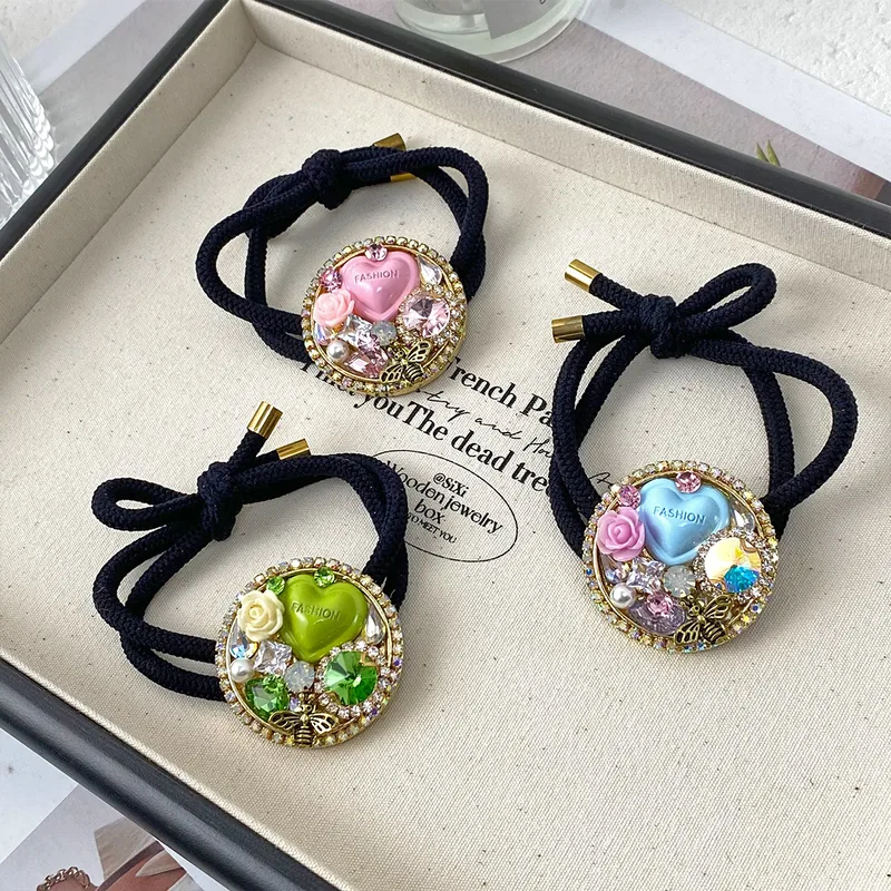 INS New Style Heart Shape Rhinestone Internet Celebrity Minimalist Elegant Ponytail High Elastic Hair Rope Elegant Hair Rope Women's High Sense