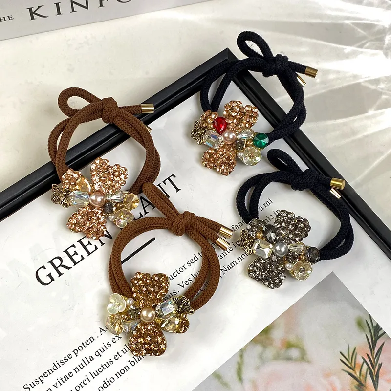 New Hair Accessories Hair Rope Simple Rhinestone Flower High Ponytail Balls Hair Black Rubber Band Temperament Hair Band Head Rope Head