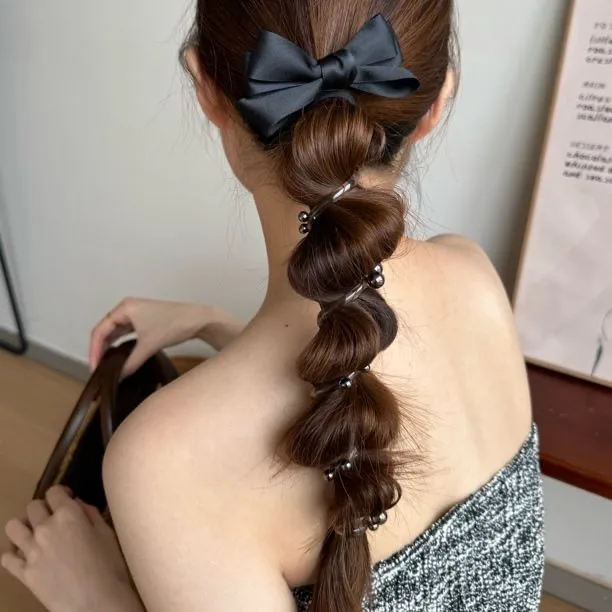 Bow Beads Phone Line Hair Ring Female 2024 New Bubble Braid Twist Braid Head Rope Ponytail Hair Band