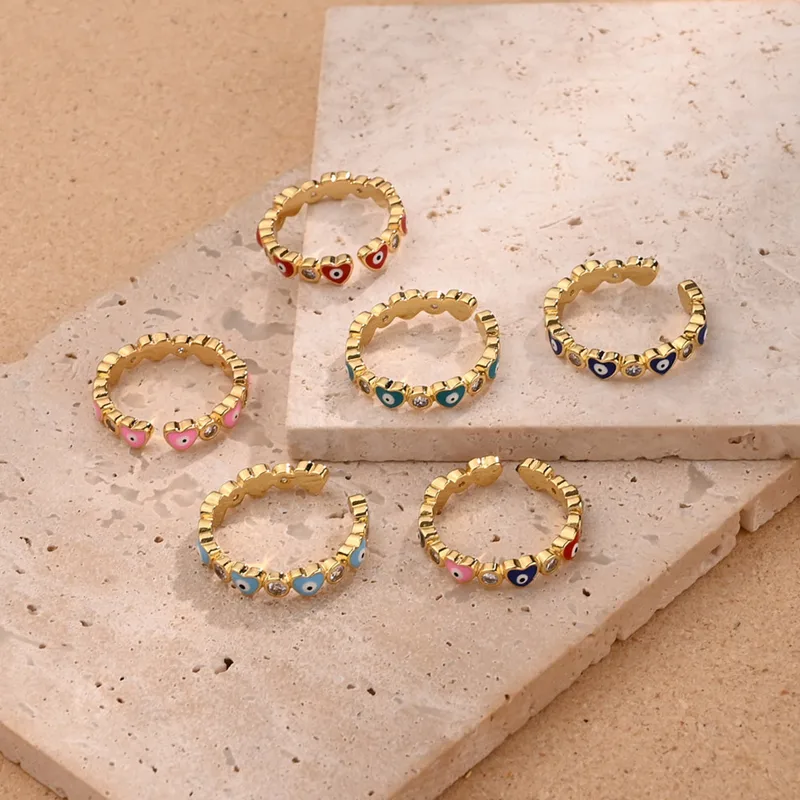 Red Heart Eye Casual Modern Style Zircon Copper 18K Gold Plated Open Rings Polishing Enamel