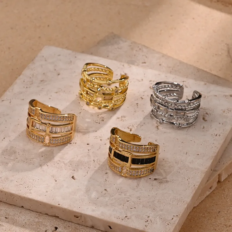 Round Square Casual Modern Style Zircon Copper 18K Gold Plated White Gold Plated Open Rings Polishing