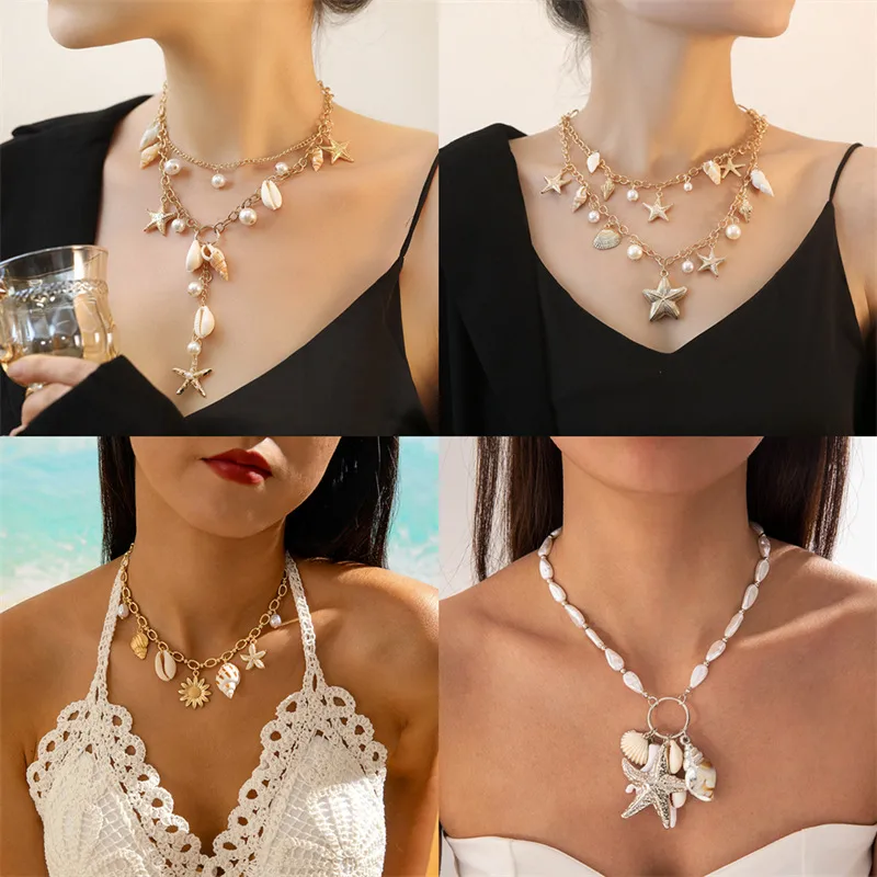 Ornament Bohemian Beach Shell Conch Sunflower Necklace Imitation Pearl Starfish Conch Pendant
