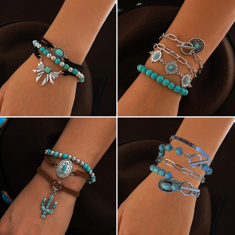 Ethnic Style Retro Turquoise Cowboy Hat Bracelet Suit Personality Multi-Element Snake Bone Chain Bracelet