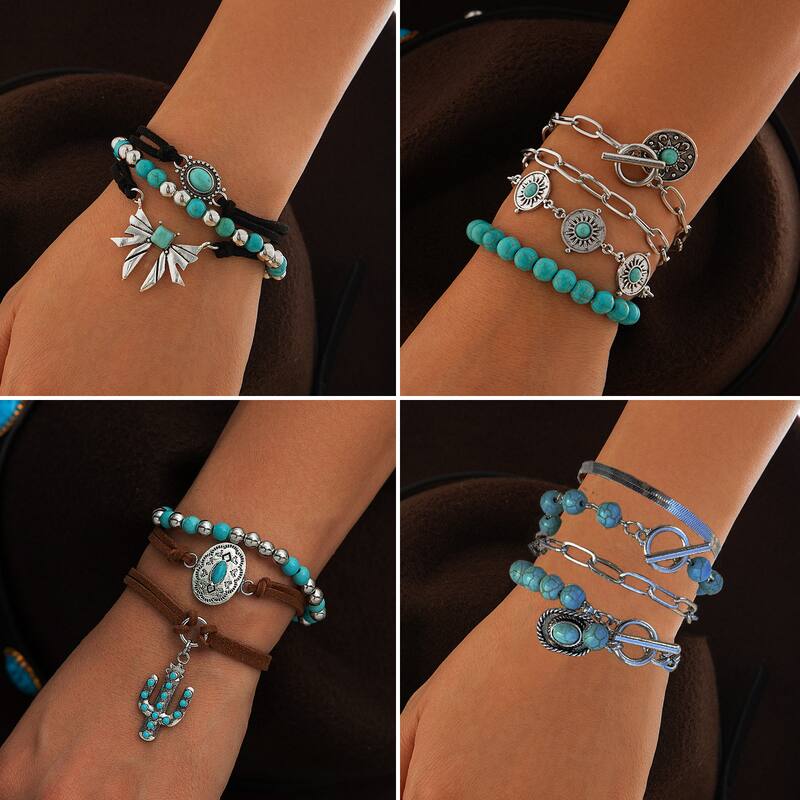 Europa Y América, Estilo Étnico, Estilo Étnico, Turquesa Retro, Sombrero De Vaquero, Pulsera Con Personalidad, Multi-elemento, Pulsera Con Cadena De Hueso De Serpiente