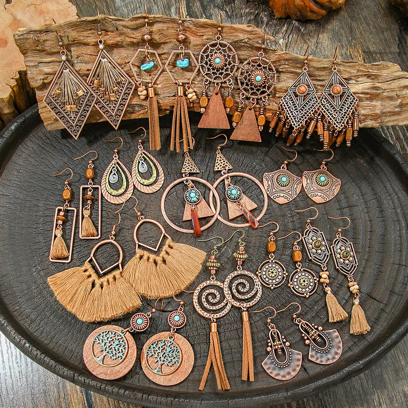 Rétro Café Couleur Boucles D'oreilles Costume Bohème Mode Créative Géométrique Boucles D'oreilles Tout Match Gland Boucles D'oreilles