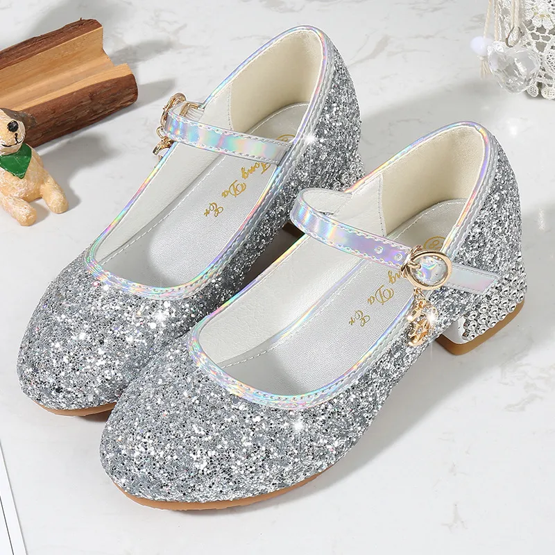 Girls High Heel Shoes Children's Fashion Piano Show Performance Shiny Sequins Princess Shoes Synthetic Leather Uppers Rubber Soles